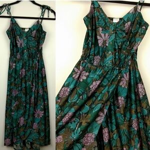 Vintage 1970s Sheri Martin Teal and purple jungle floral dress